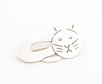 MEXICO 925 Sterling Silver  Vintage Shiny Lying Cat Motif Brooch Pin  BP3282