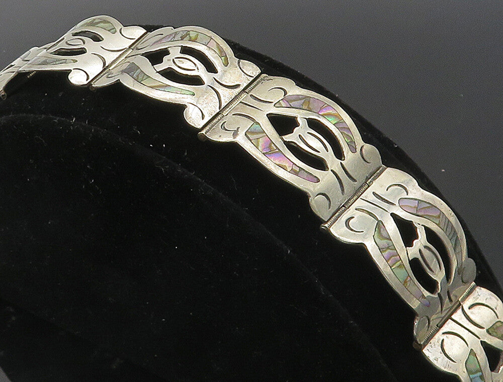 MEXICO 925 Sterling Silver  Vintage Inlaid Abalone Shell Chain Bracelet BT4078