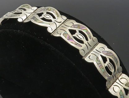 MEXICO 925 Sterling Silver  Vintage Inlaid Abalone Shell Chain Bracelet BT4078