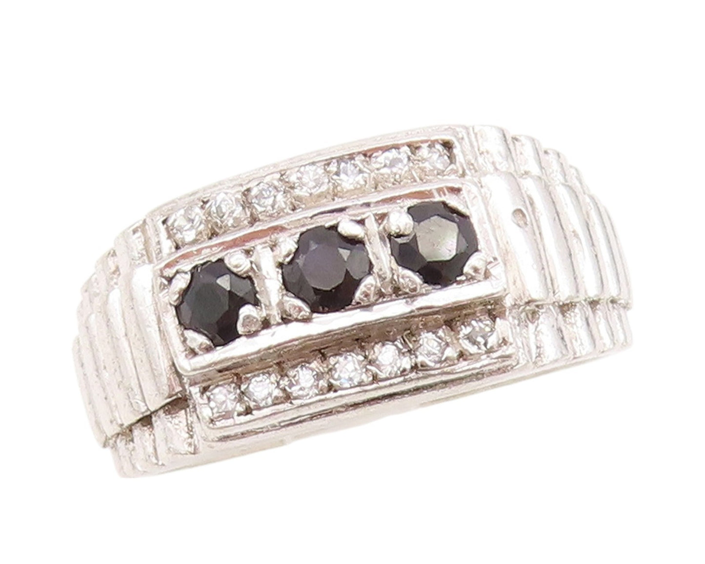 925 Sterling Silver Vintage Ring CZ Spinel Inlay Step Cut Design Sz 9.5  RG33045