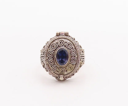 925 Sterling Silver Vintage Ring Spirals Carved Blue CZ (OPENS)  Sz 8  RG28629