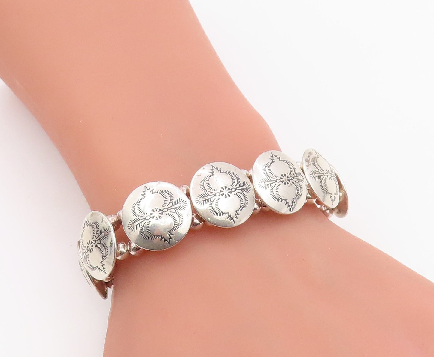 925 Sterling Silver Vintage Bracelet NAVAJO Etched Concho Panel Link  BT11864