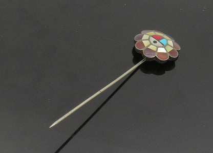ZUNI NAVAJO 925 Silver Vintage Mother Of Pearl & Multi Stone Lapel Pin TR2735