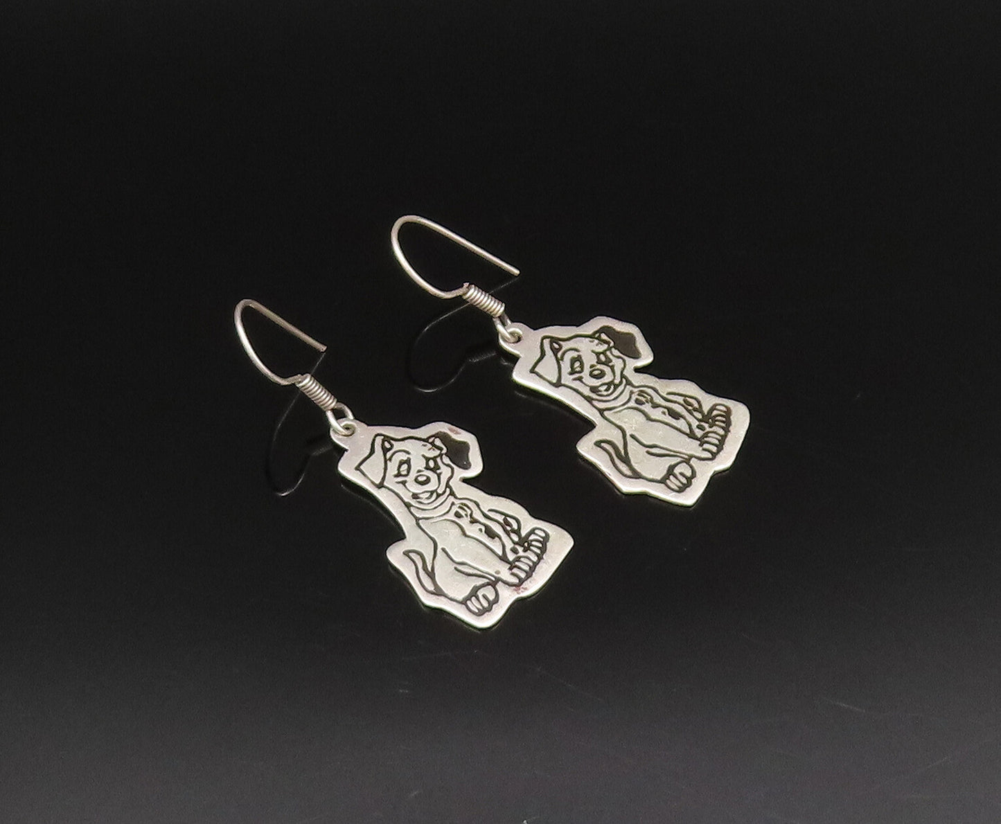 MEXICO 925 Silver  Vintage Engraved Disney 101 Dalmatian Dog Earrings  EG12100