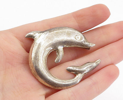 925 Sterling Silver  Vintage Smooth Dark Tone Dolphin Motif Brooch Pin  BP2247