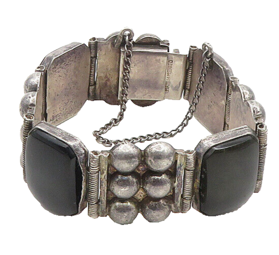 MEXICO 925 Sterling Silver  Vintage Black Onyx Bubble Chain Bracelet  BT7512