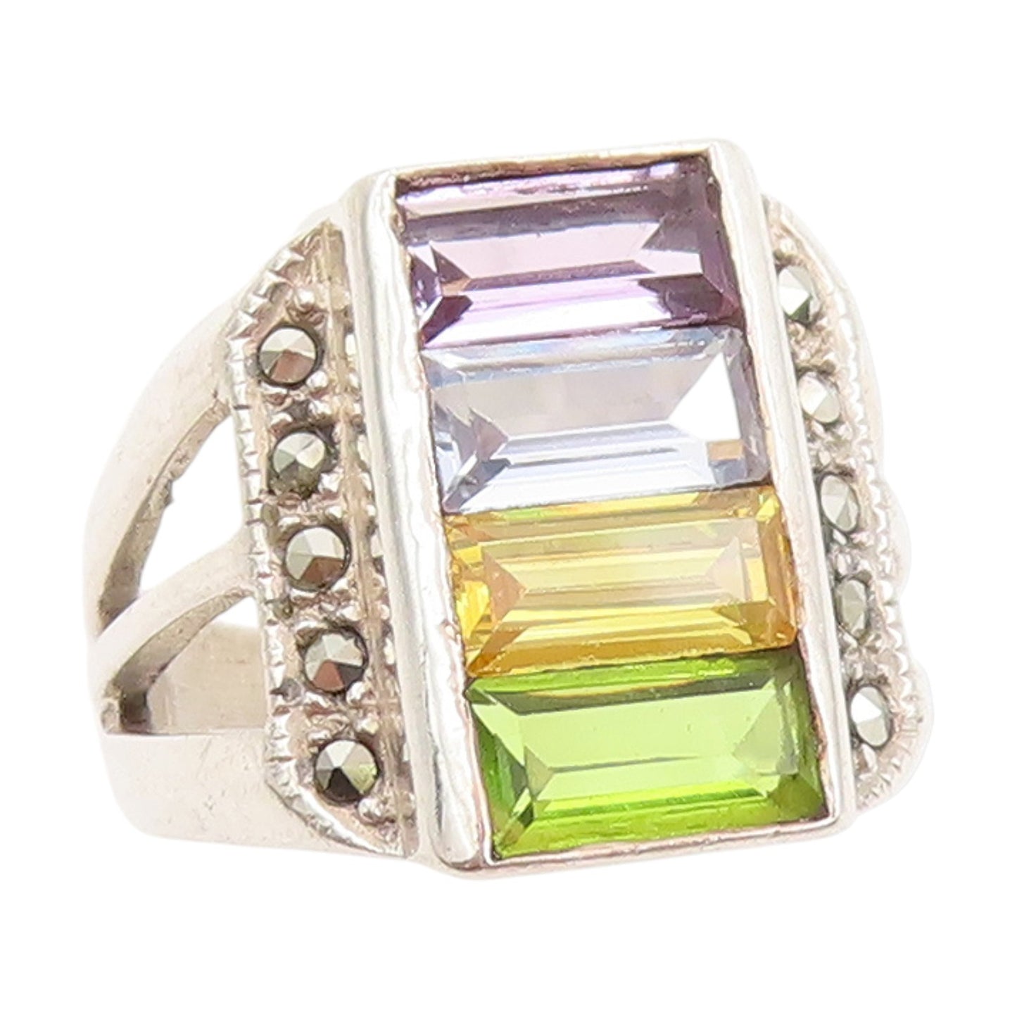 925 Sterling Silver Vintage Ring Multi Gemstone Geometric Design  Sz 6  RG33976