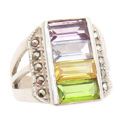 925 Sterling Silver Vintage Ring Multi Gemstone Geometric Design  Sz 6  RG33976
