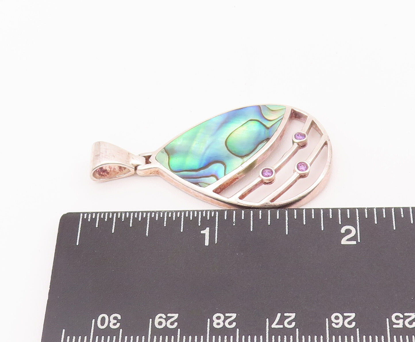 925 Sterling Silver Vintage Pendant Designer Abalone & Round Amethyst  PT22811