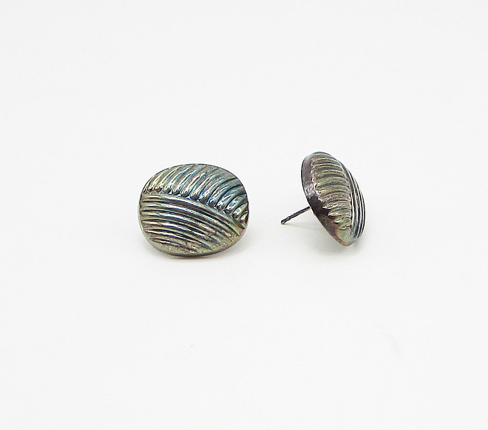 925 Sterling Silver  Vintage Carved Lines Oval Stud Earrings  EG1985