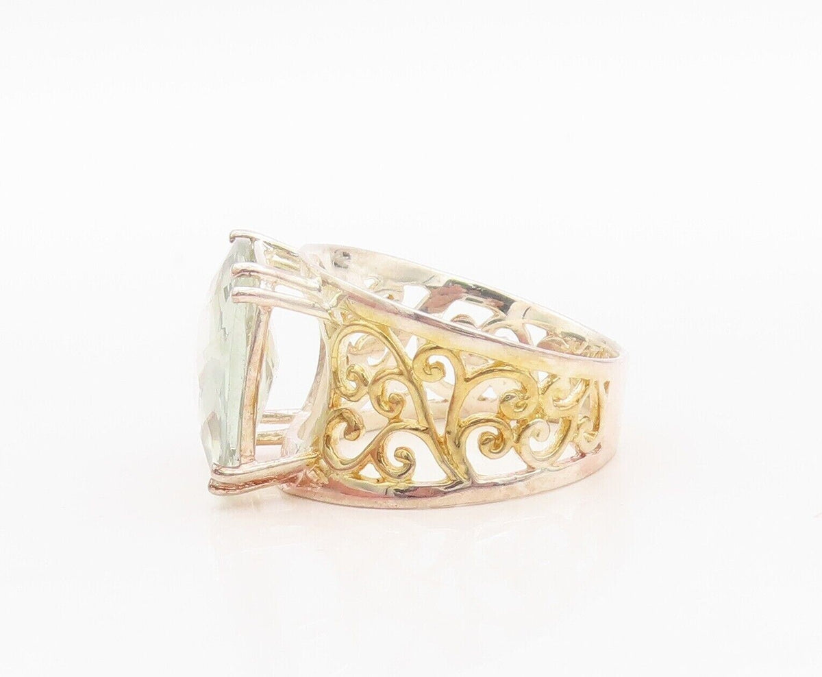 925 Sterling Silver Vintage Ring Gold Plated Carved Green Amethyst Sz 7  RG30072