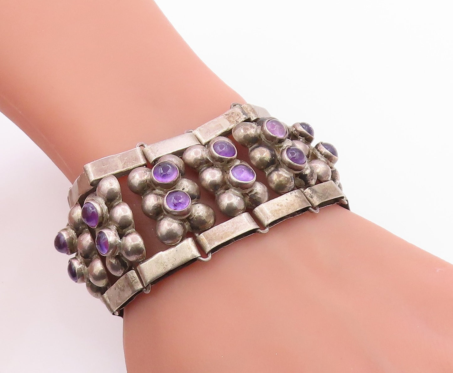 925 Sterling Silver Vintage Bracelet TAXCO Cabochon Amethyst Bead Link  BT12077