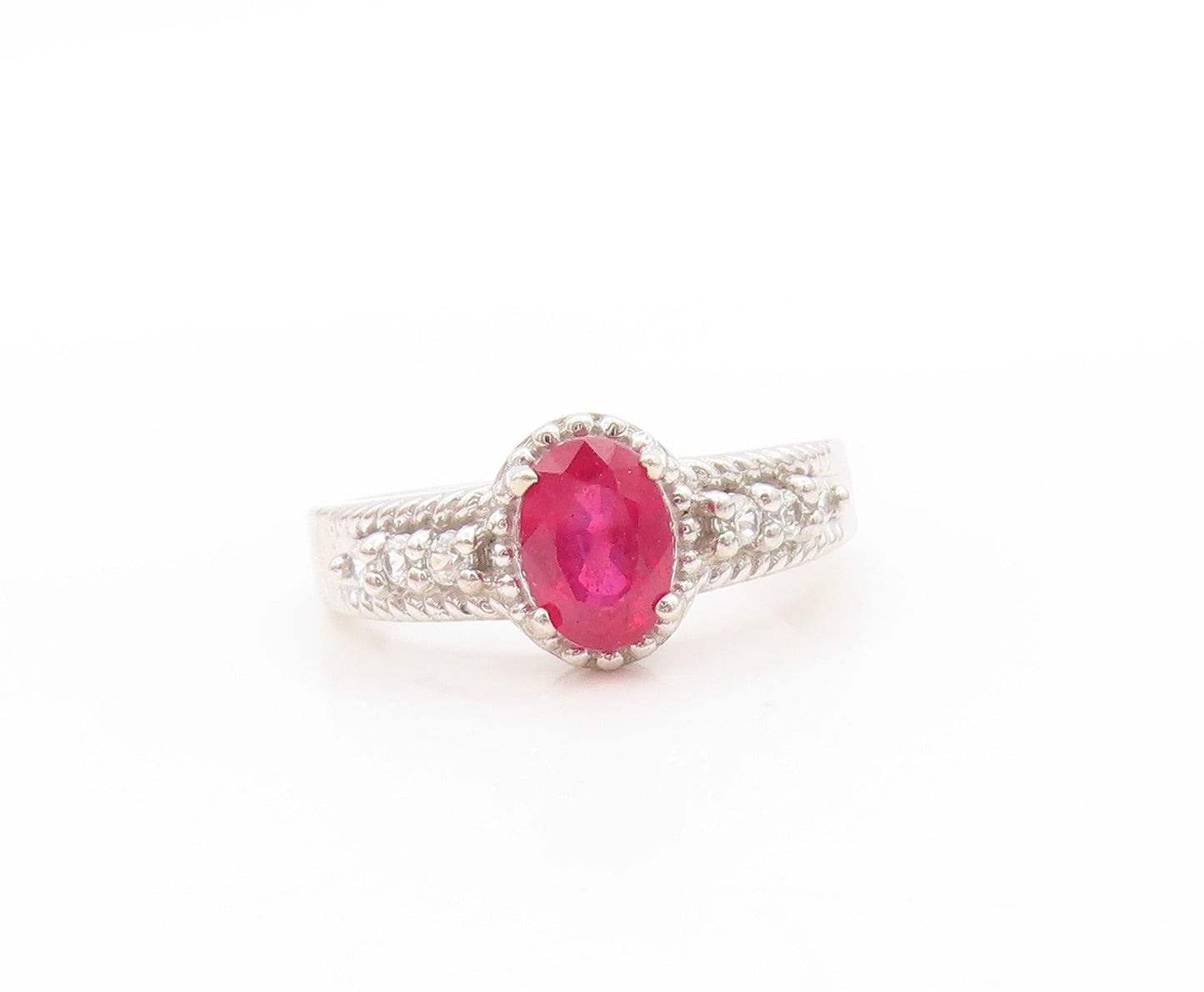 925 Sterling Silver Vintage Ring Oval Ruby & CZ Beaded Rope Band  Sz 6  RG33686
