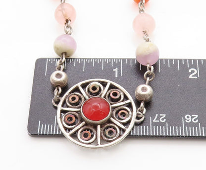 STRANGER 925 Silver  Vintage Carnelian Quartz & Agate Beaded Necklace  NE1383