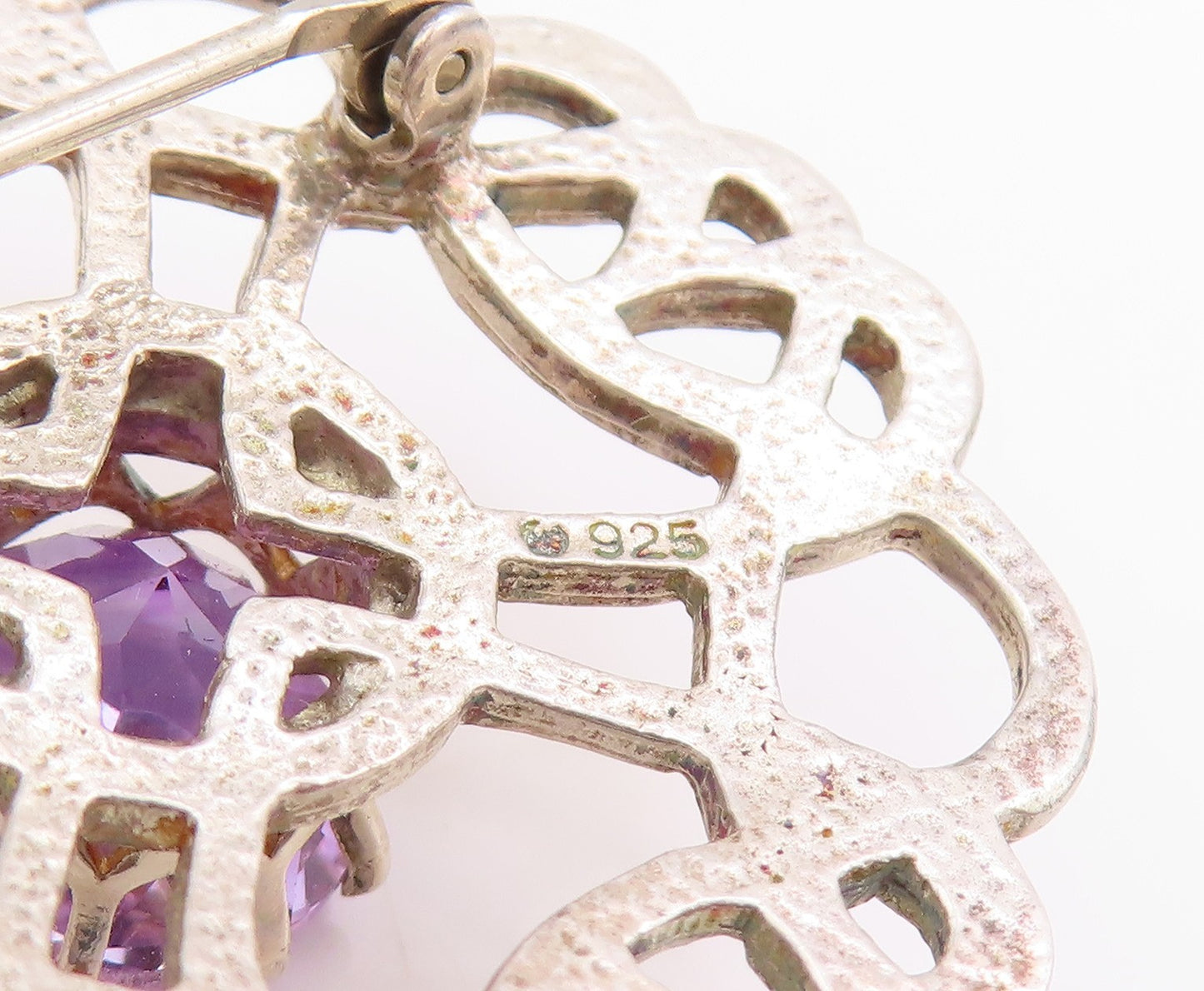 925 Sterling Silver Vintage Brooch Faceted Amethyst Celtic Cut Out Pin  BP11845
