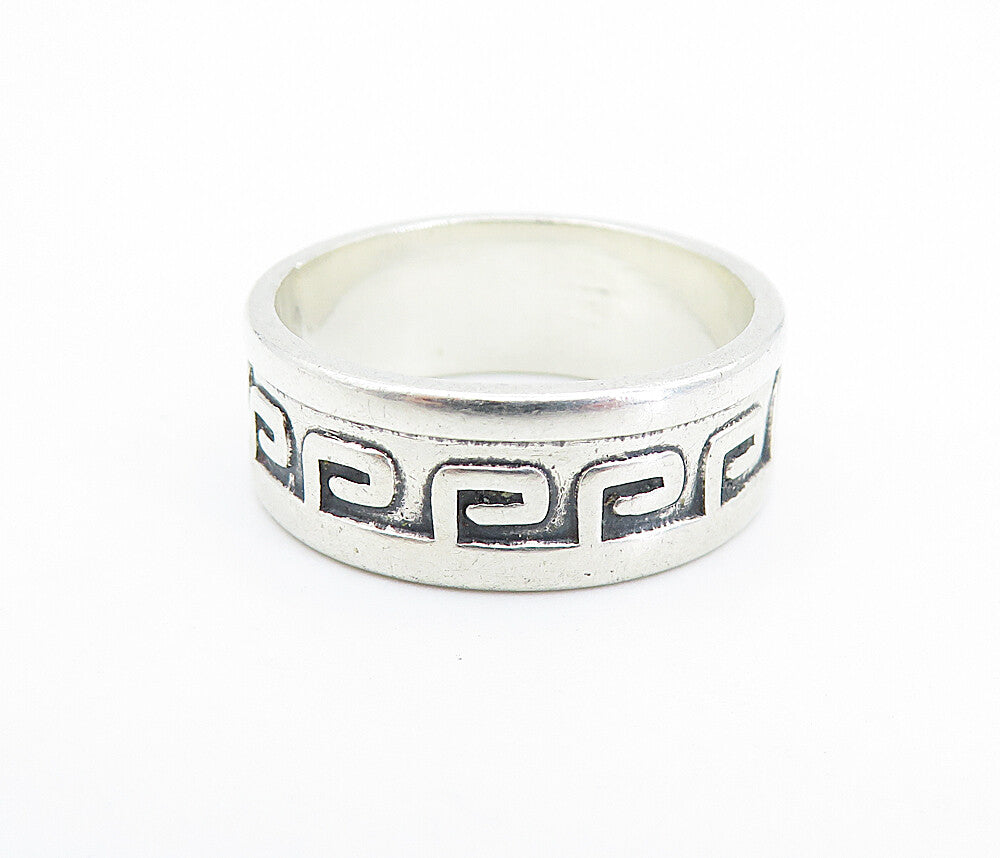 MEXICO 925 Silver  Vintage Shiny Greek Key Pattern Band Ring Sz 7  RG6787