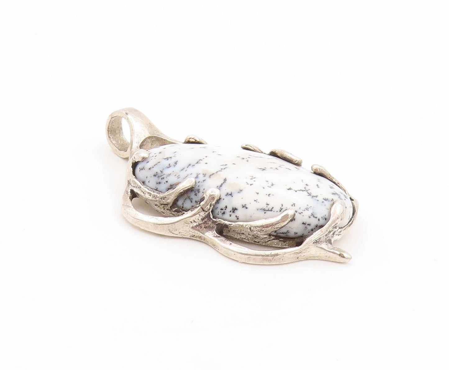 925 Sterling Silver Vintage Pendant Oval Gemstone Brutalist Carved  PT24108