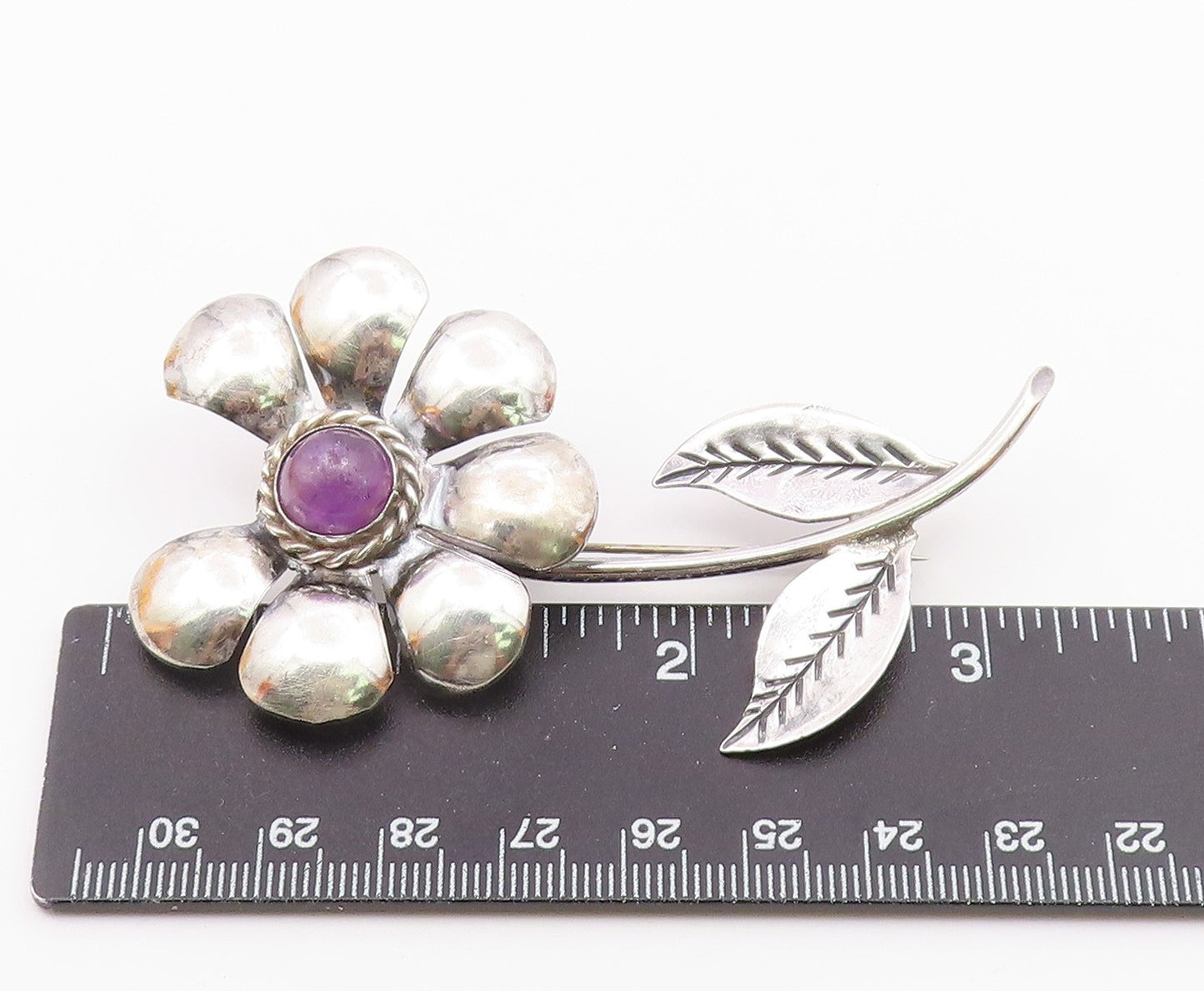 MEXICO 925 Silver  Vintage Amethyst Loves Me Loves Me Not Brooch Pin  BP3288