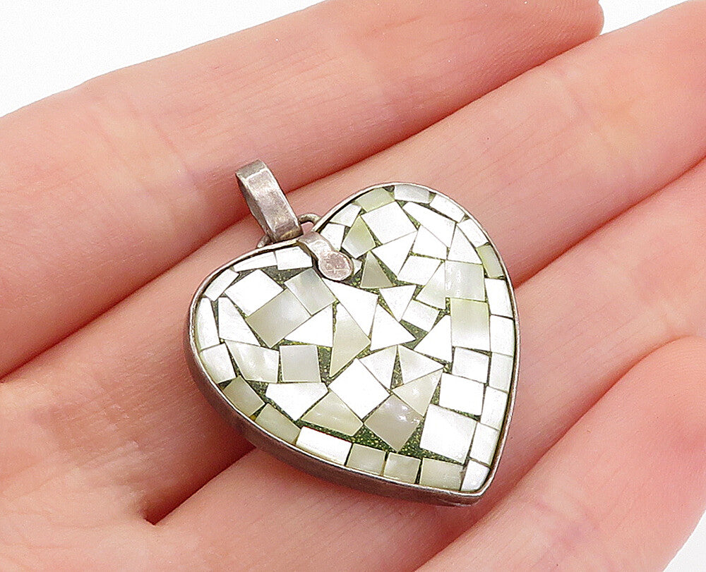 925 Sterling Silver  Vintage Mother Of Pearl Mosaic Love Heart Pendant  PT2559