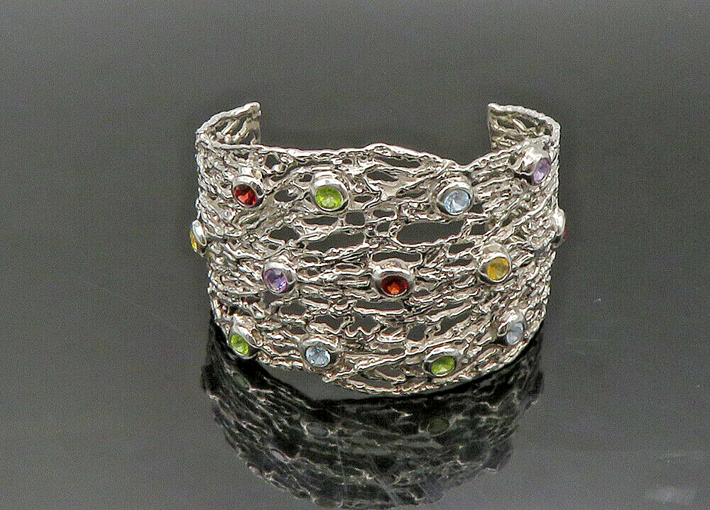 925 Silver Vintage Topaz Peridot & Multi Stone Sculpted Cuff Bracelet BT8996