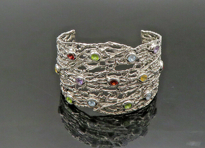 925 Silver Vintage Topaz Peridot & Multi Stone Sculpted Cuff Bracelet BT8996