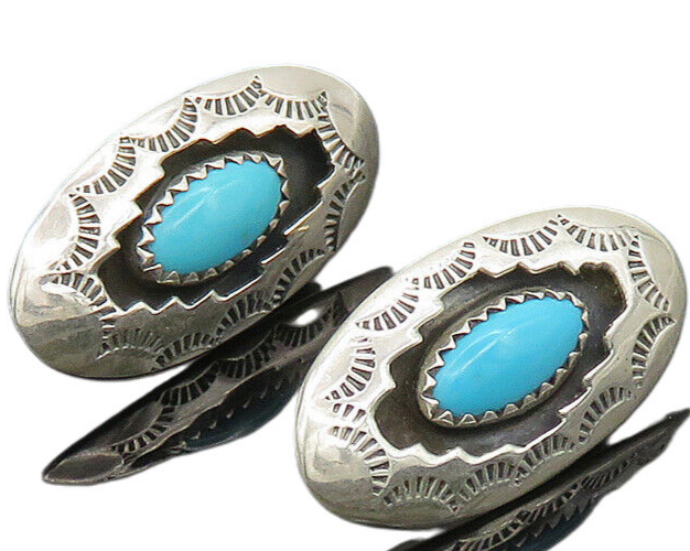 NAVAJO 925 Silver  Vintage Turquoise Etched Pattern Drop Earrings  EG10451