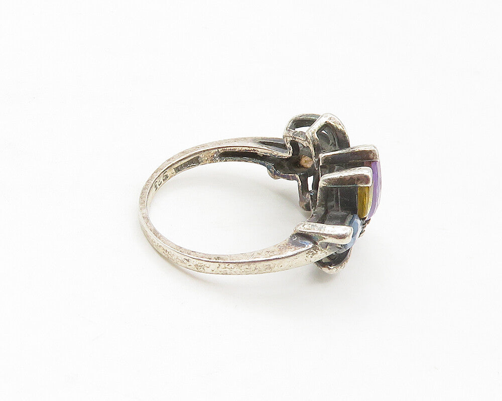 925 Sterling Silver  Vintage Amethyst Garnet & Topaz Band Ring Sz 7  RG17052