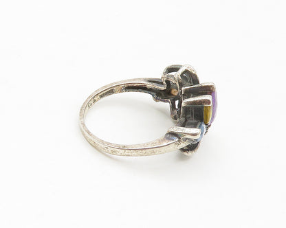 925 Sterling Silver  Vintage Amethyst Garnet & Topaz Band Ring Sz 7  RG17052