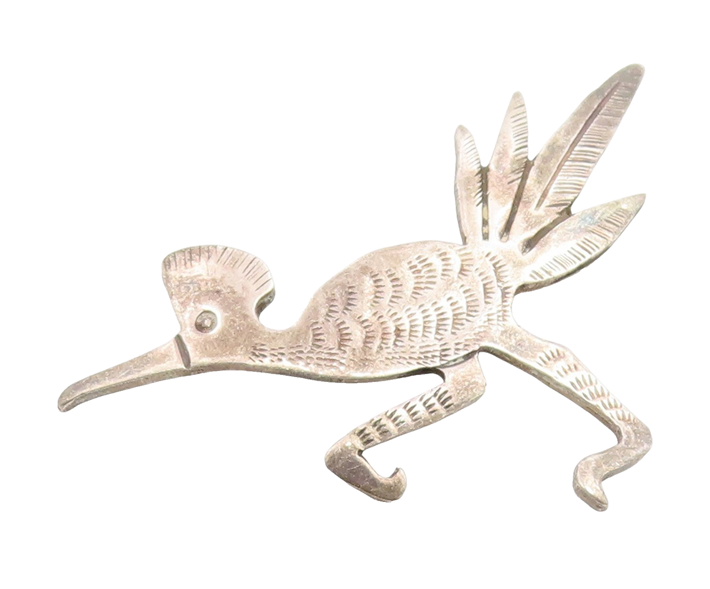 925 Sterling Silver Vintage Brooch Pin NAVAJO ZUNI Etched Roadrunner  BP12344