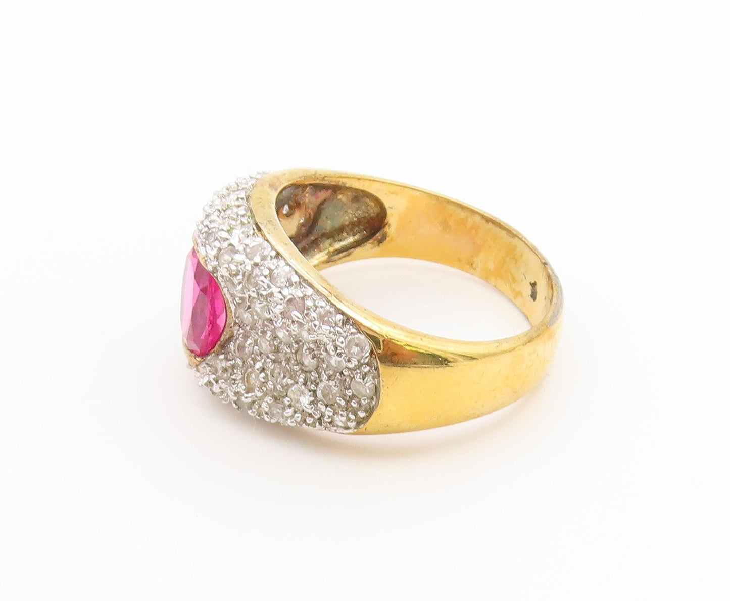 925 Sterling Silver Vintage Ring Gold Plated Ruby & CZ Pave Band  Sz 9  RG36910