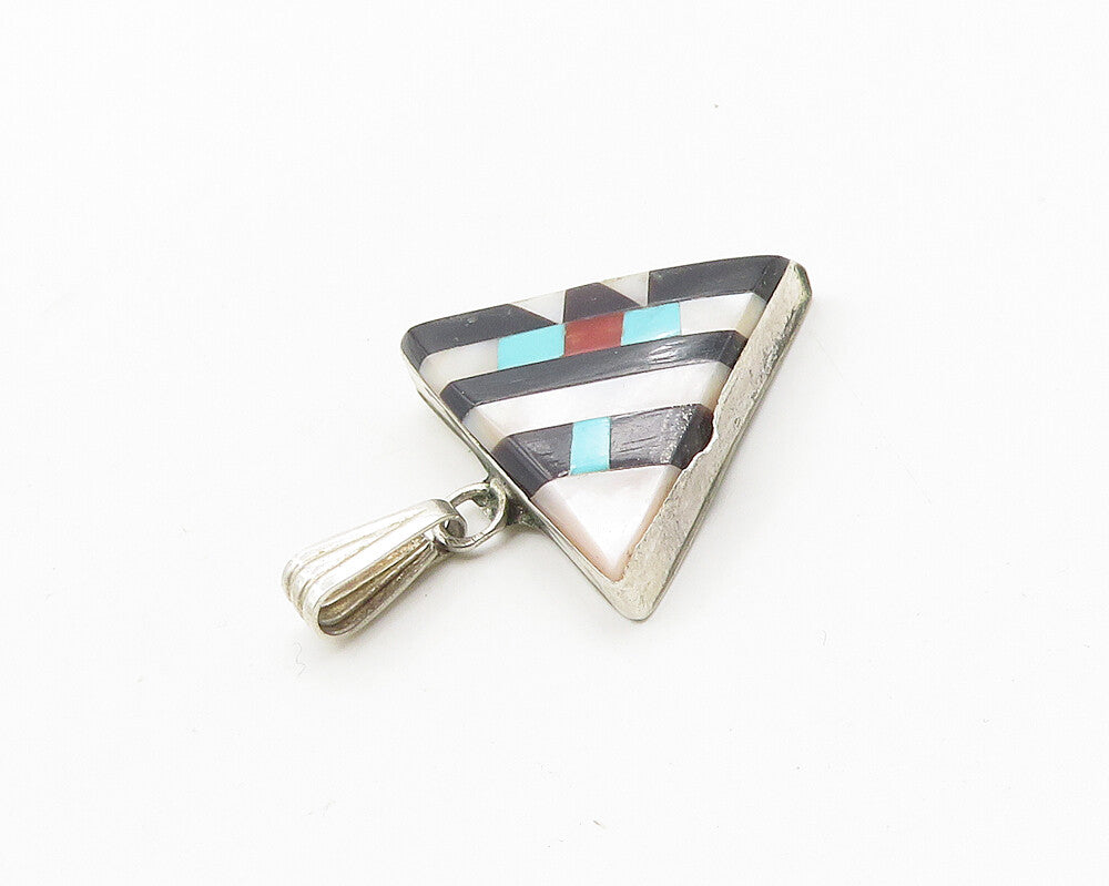 NAVAJO 925 Silver Vintage Mother Of Pearl Onyx & Multi Stone Pendant PT14687