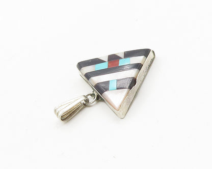NAVAJO 925 Silver Vintage Mother Of Pearl Onyx & Multi Stone Pendant PT14687