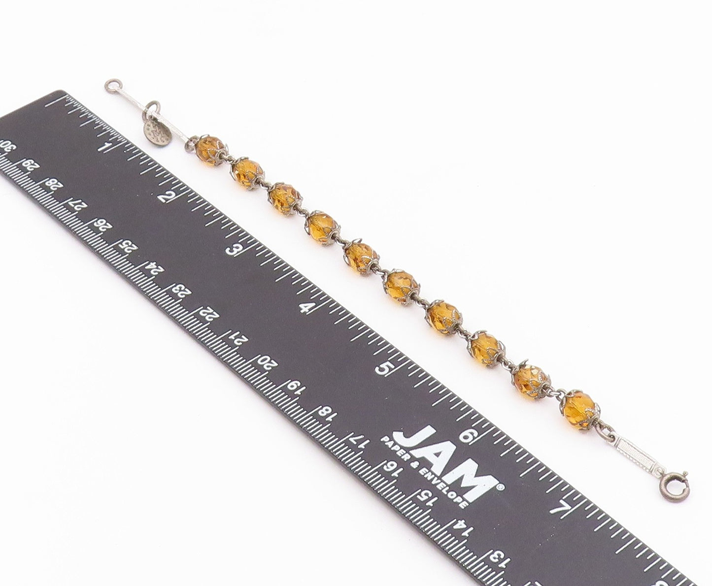 925 Sterling Silver  Vintage Faceted Citrine Beaded Chain Bracelet  BT8486