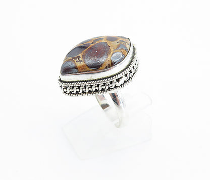 925 Sterling Silver  Brown Spotted Jasper Shiny Cocktail Ring Sz 7.5  RG7781