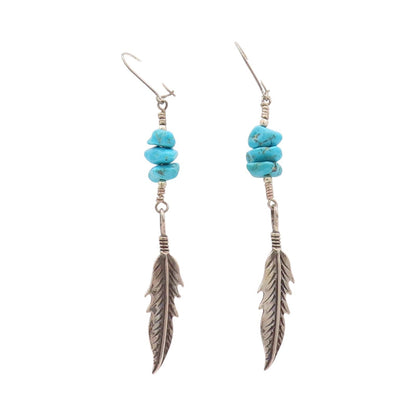 925 Sterling Silver Vintage Earrings NAVAJO Turquoise Carved Feather  EG13487