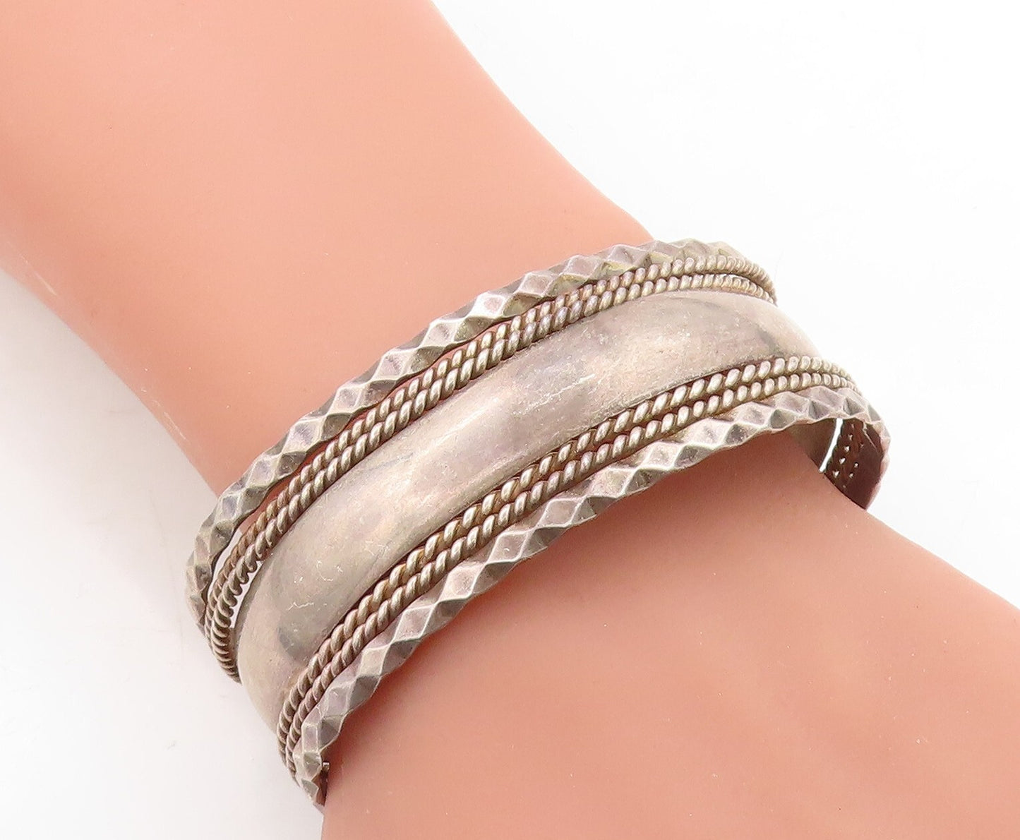 925 Sterling Silver  Vintage Dark Tone Rope Twist Wavy Cuff Bracelet  BT1858