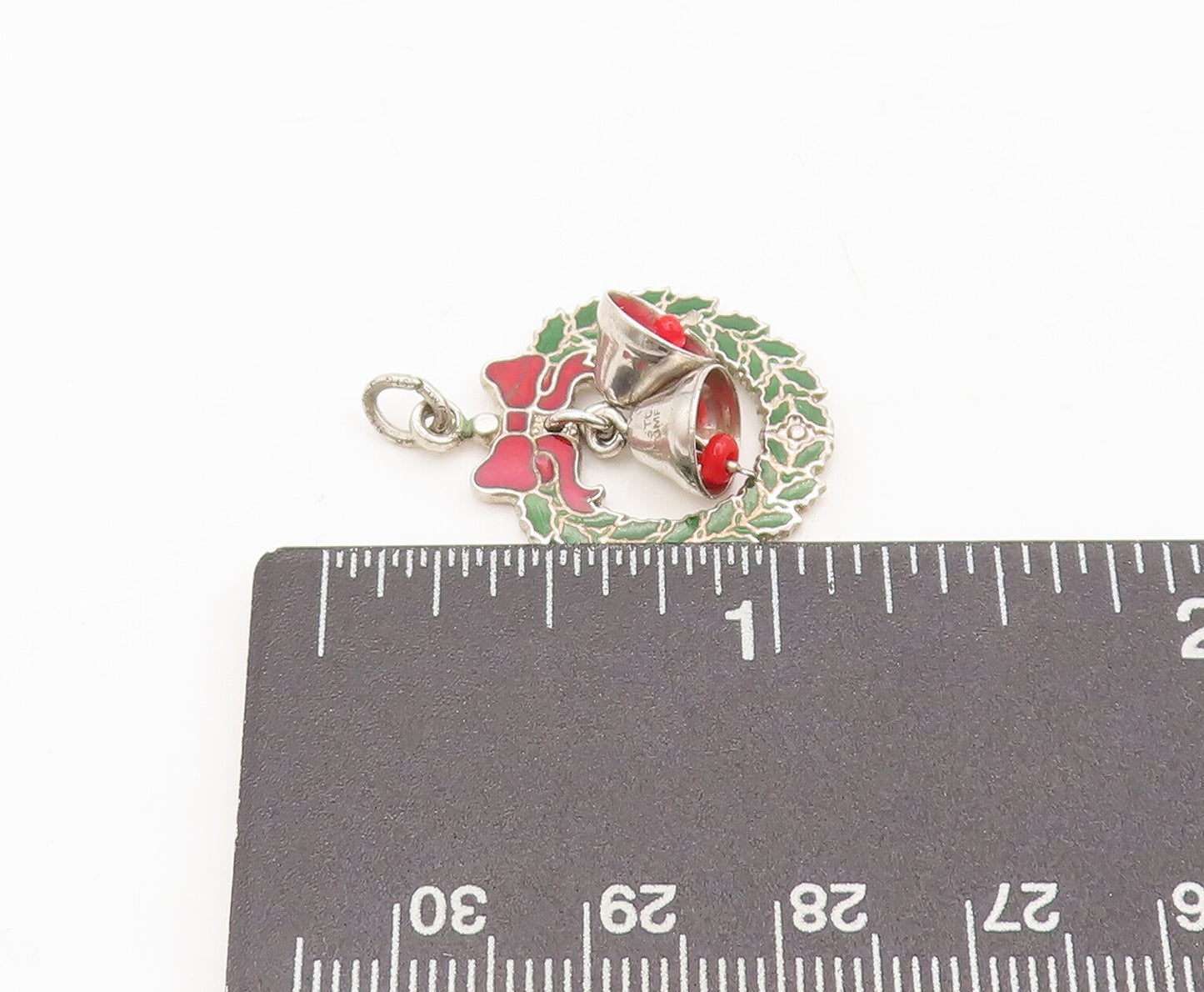 925 Sterling Silver Vintage Pendant Christmas Wreath With Movable Bells  PT22588