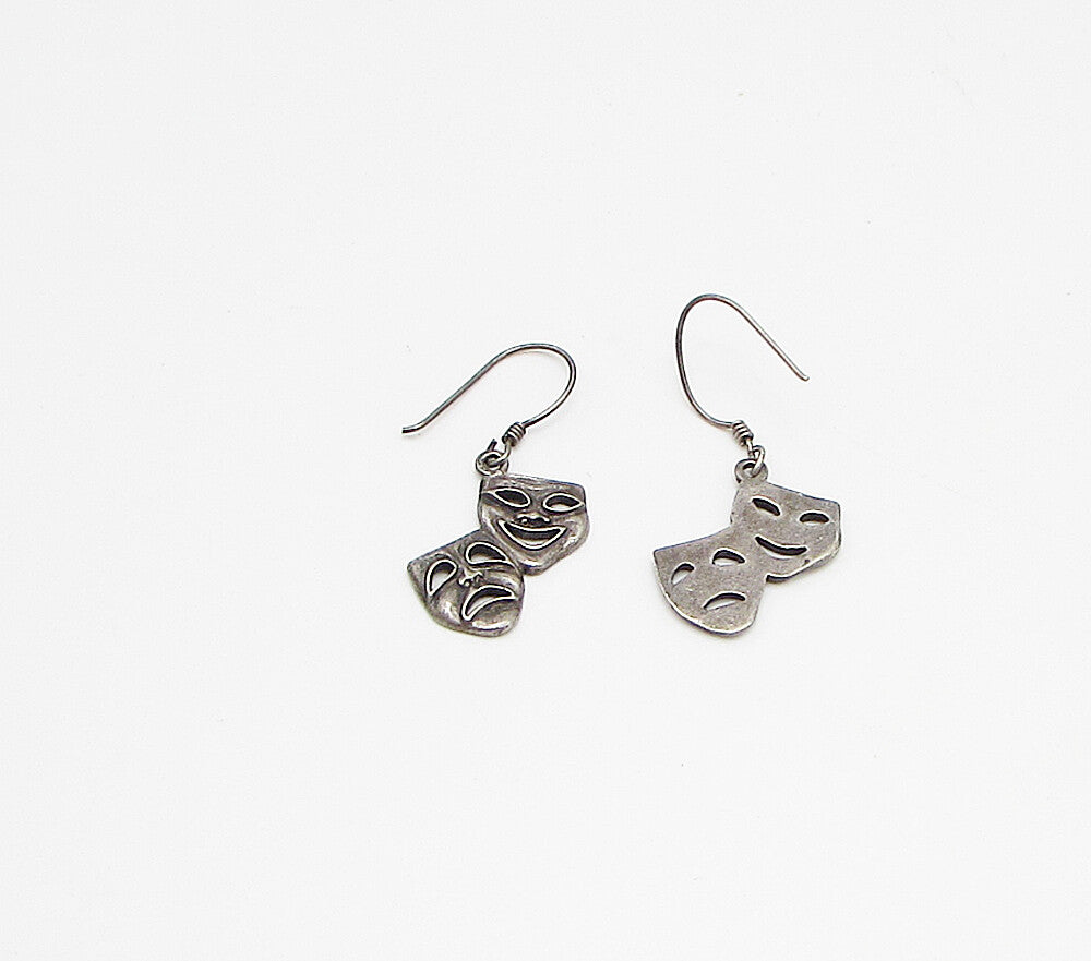925 Sterling Silver  Vintage Happy & Sad Face Mask Dangle Earrings  EG1932