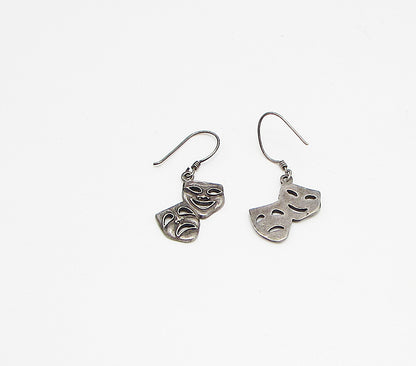 925 Sterling Silver  Vintage Happy & Sad Face Mask Dangle Earrings  EG1932