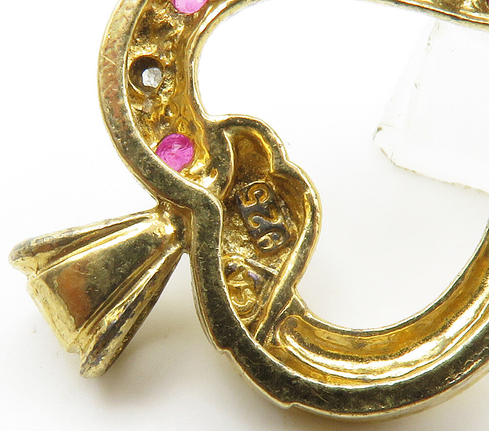 925 Sterling Silver  Vintage Genuine Diamonds & Ruby Heart Pendant  PT11823