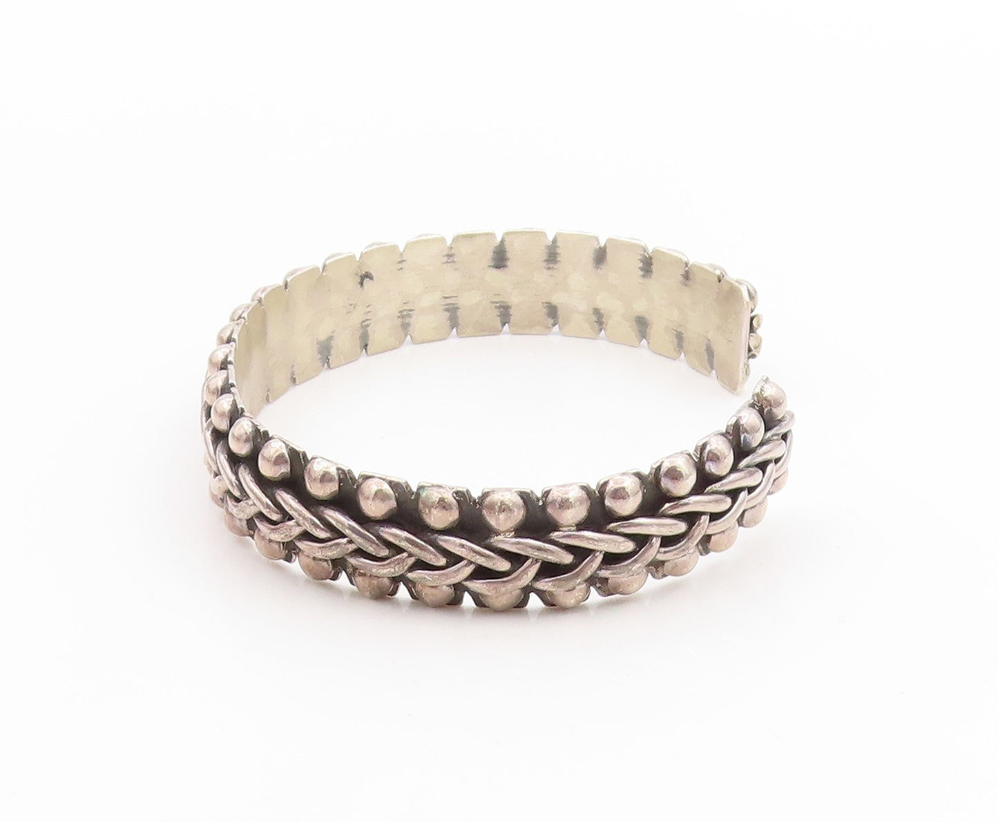 925 Sterling Silver Vintage Bracelet MEXICO Basket Weave & Beaded Cuff  BT11773
