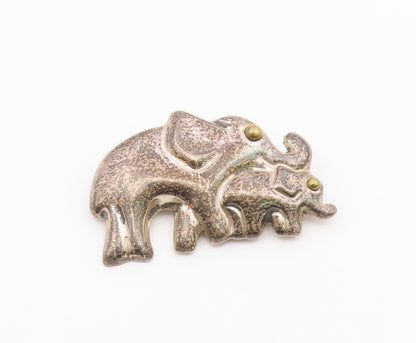 MEXICO 925 Sterling Silver  Vintage Mom & Baby Elephants Brooch Pin  BP3049