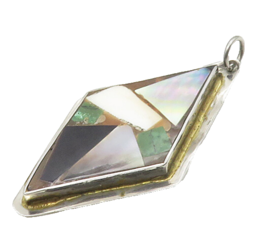 ISRAEL 925 Silver  Vintage Abalone Onyx & Eilat Stone Mosaic Pendant  PT14311