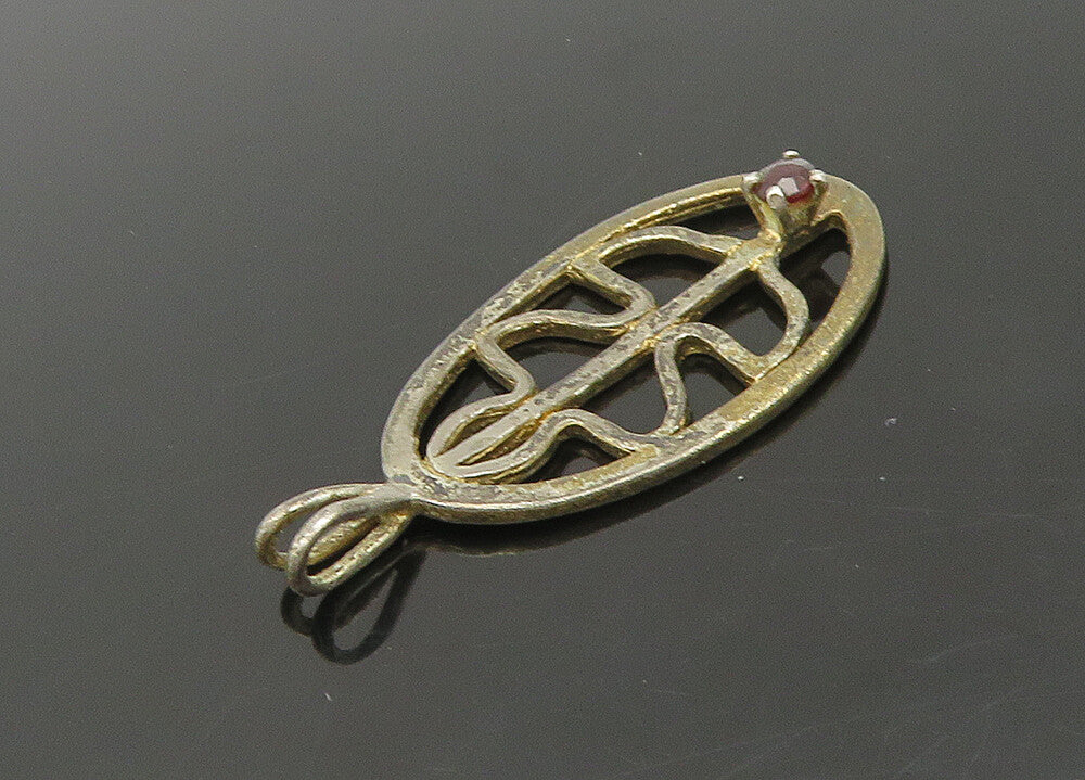 925 Sterling Silver  Vintage Prong Set Garnet Open Design Pendant  PT16922