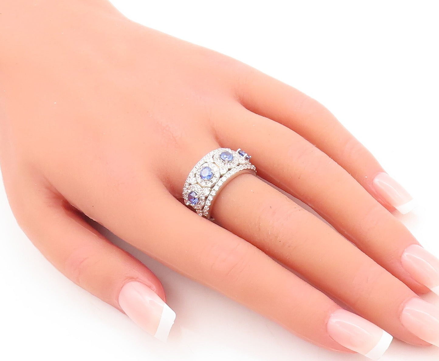 925 Sterling Silver Vintage Ring Round Cut Blue Halo White CZ  Sz 7  RG29494