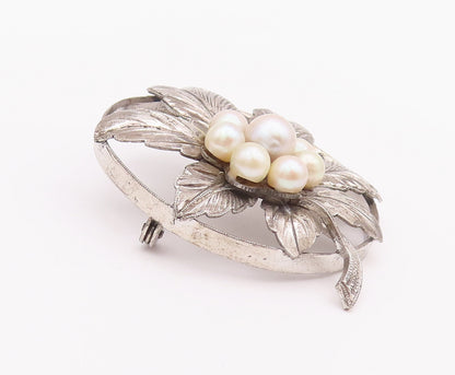 925 Sterling Silver Vintage Brooch Pin Pearls Carved Leaves Round Frame  BP10775