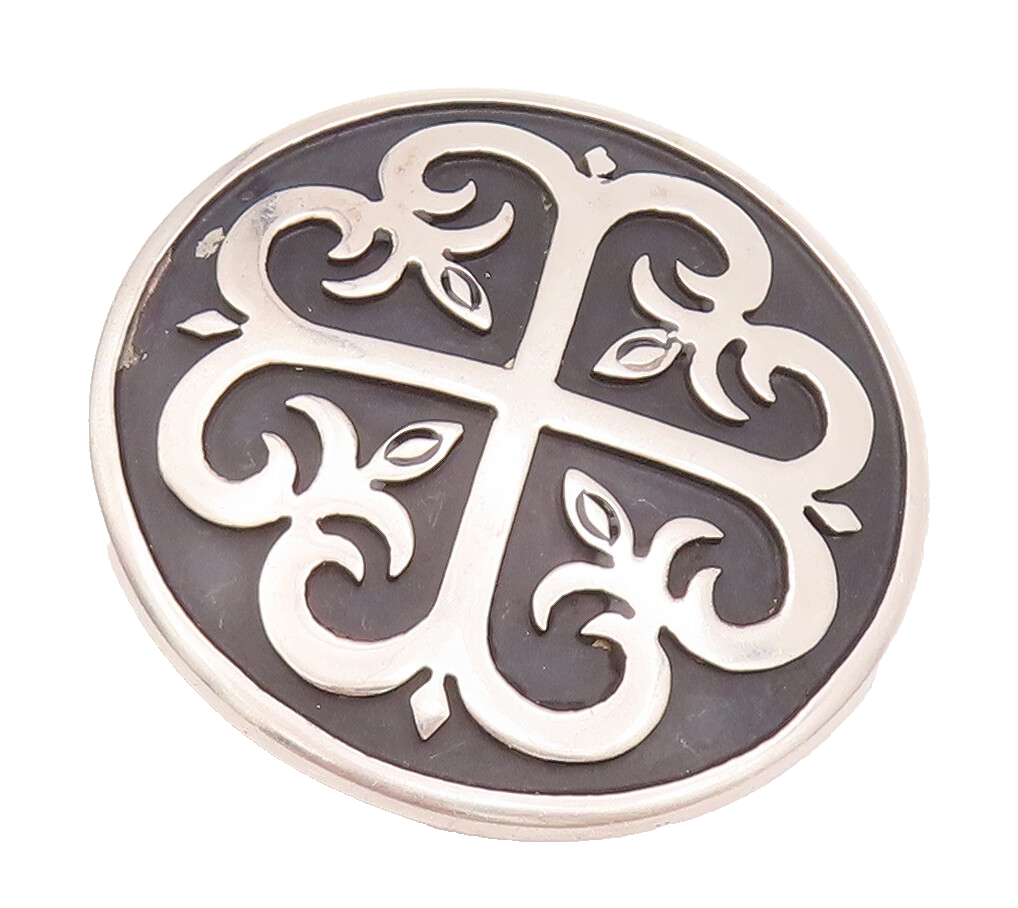 925 Sterling Silver Vintage Brooch Pin TAXCO Swirly Carved Heart Flower  BP10753