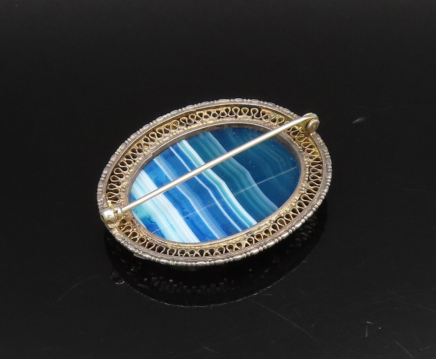 EUROPEAN 925 Silver  Vintage Blue Agate & Swirl Border Brooch Pin  BP10024