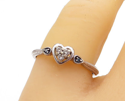 925 Silver  Vintage Genuine Black & White Diamonds Heart Band Ring Sz 8 RG4211