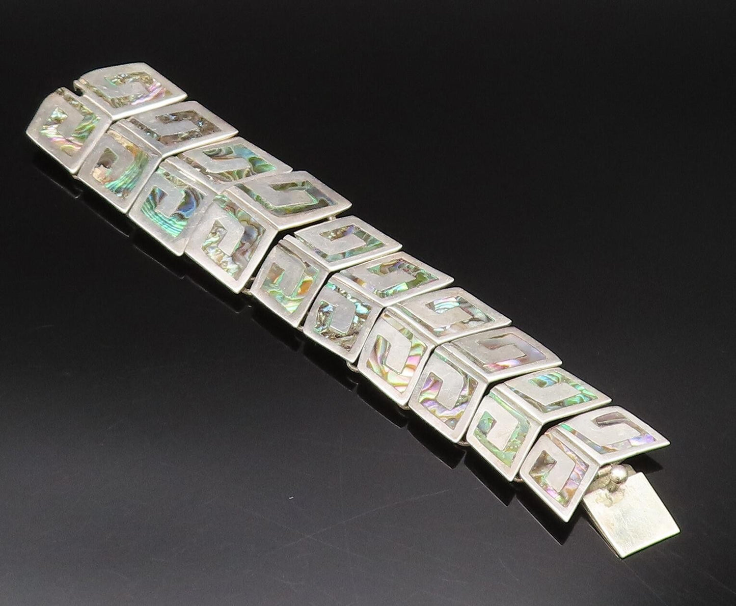 TAXCO 925 Silver  Vintage Inlaid Abalone Double Row Link Bracelet  BT9784